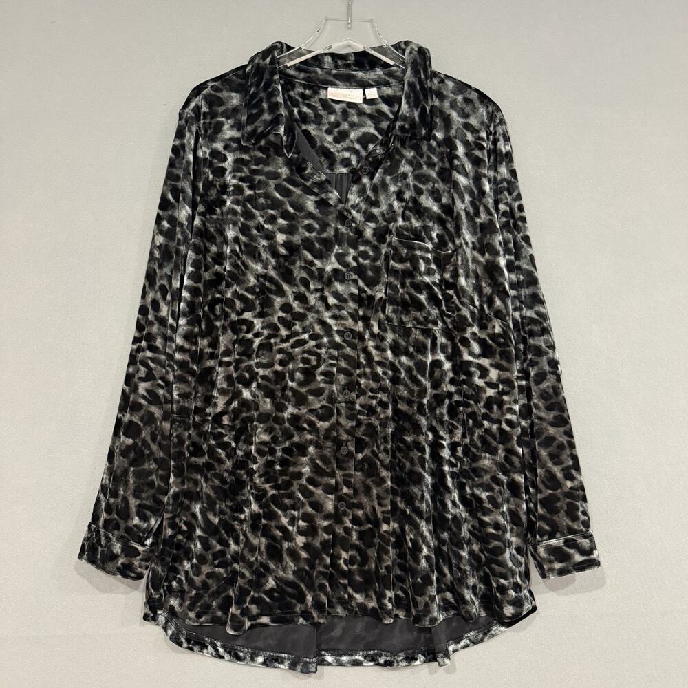Belle by Kim Gravel Top Size 2X Black Leopard Crushed Velvet Tunic Shirt